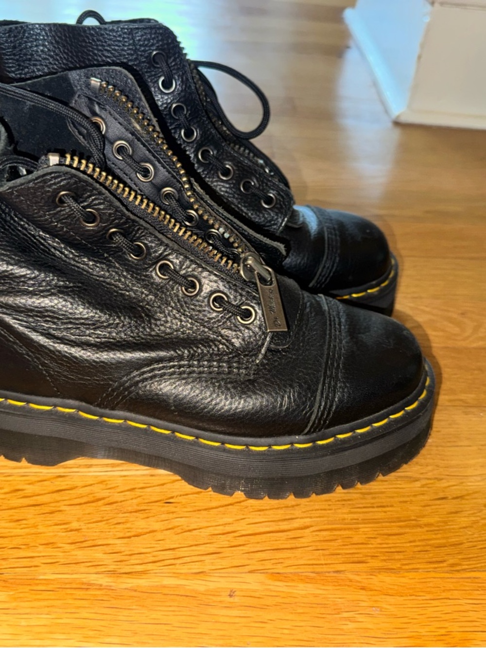 Dr. Martens Black Leather Platform Zip Front Boots with Yellow Stitching - Picture 2 of 4